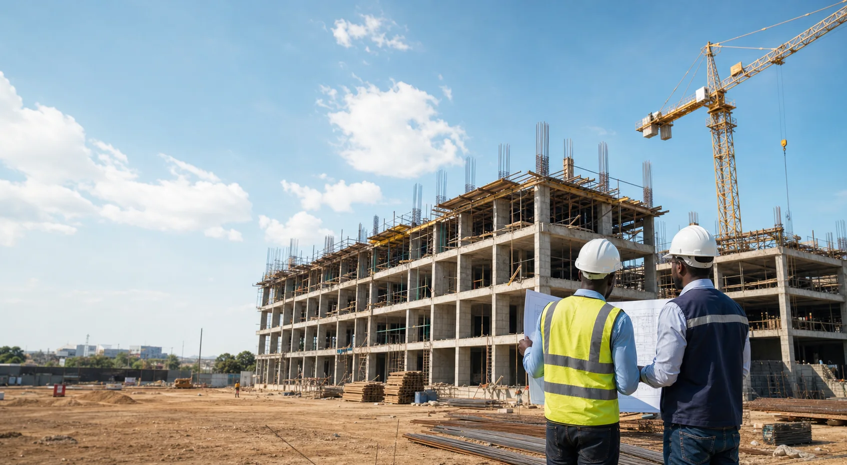 Équipe SPEEDMAT devant un chantier en construction